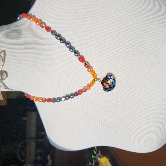 SRA Jewelry - Cloisonne and pearls with a bit of AB Necklace